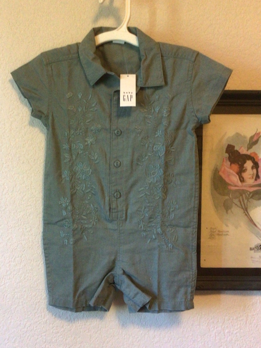 GAP Blue-Green Embroidered Button-Front Romper